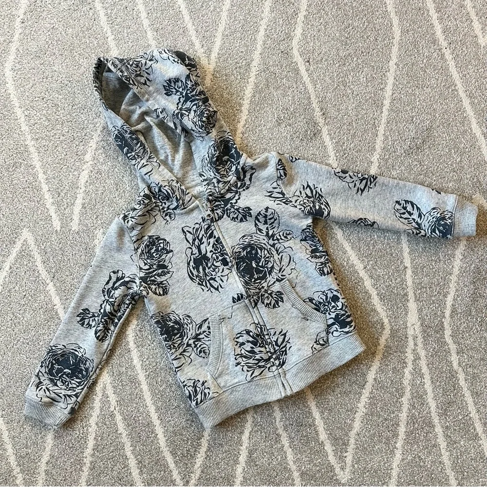 Joe Fresh Gray Full Zip Hoodie with Navy Floral Pattern Girls Size 5
